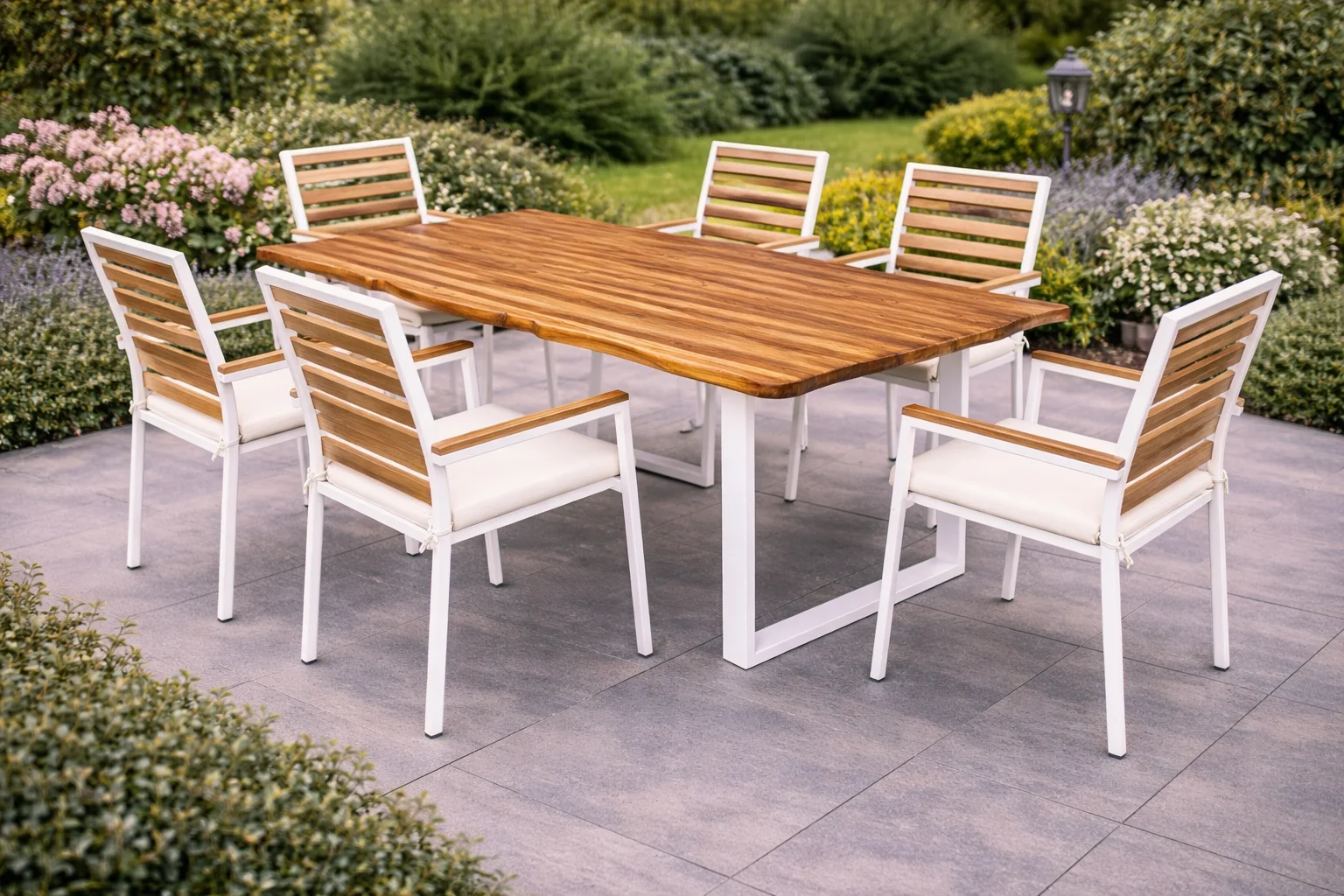 Country Still Sandalye Takımı - 6 Kişilik Beyaz Metal & Masif Ahşap Set