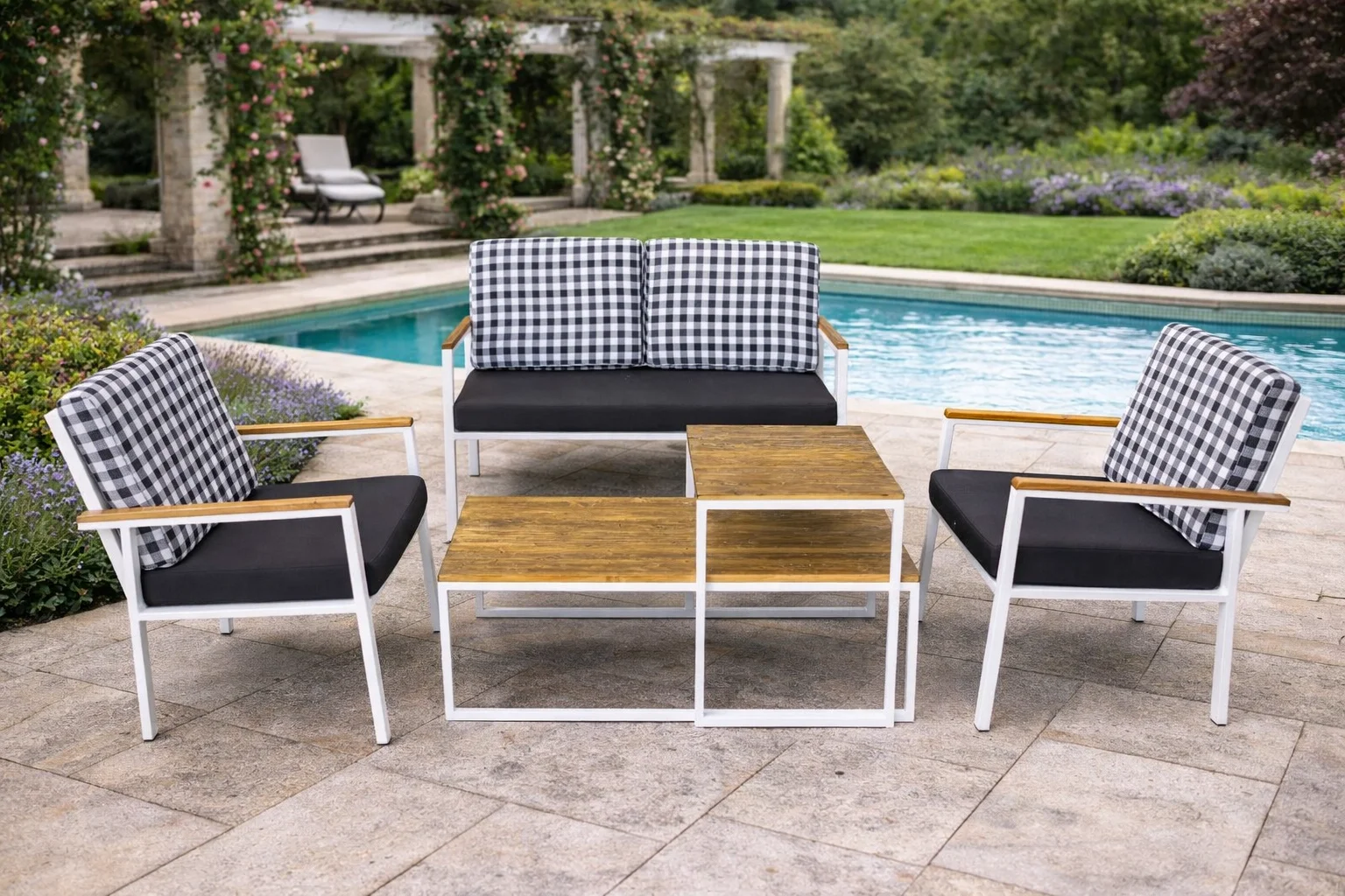 Stil Fonksiyonel Sehpalı Takım (Kareli) - Masif Ahşap Oturma Grubu