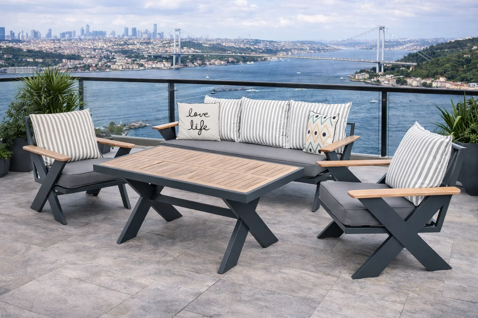 VENTO Takım (Antrasit - Çizgili) - Alüminyum Bahçe & Balkon Oturma Grubu