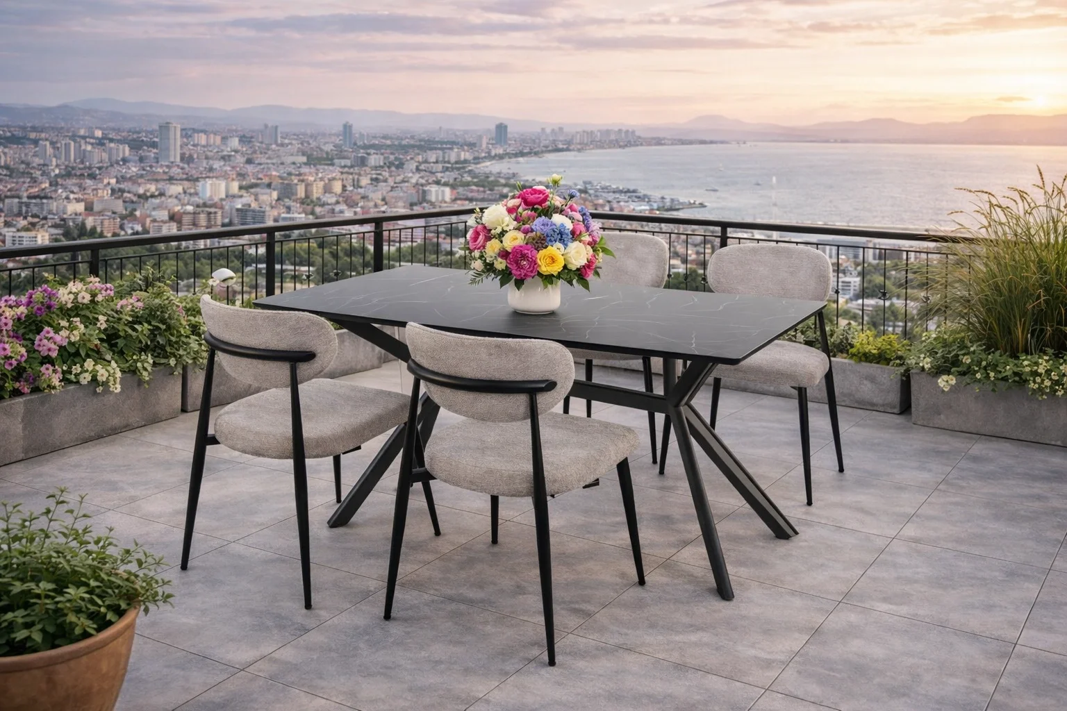 NOXIS / Sirius Masa Takımı (İnox) - 4 Sandalyeli Modern Yemek Seti