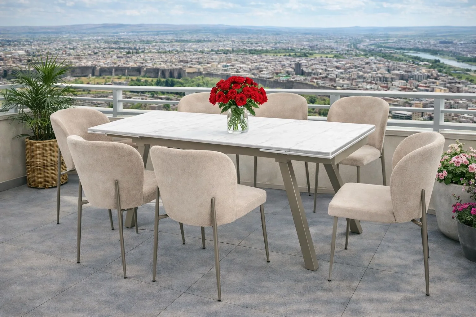 ZENIT / Dualis Açılır Masa Takımı (Krem) - 1 Masa + 6 Sandalye