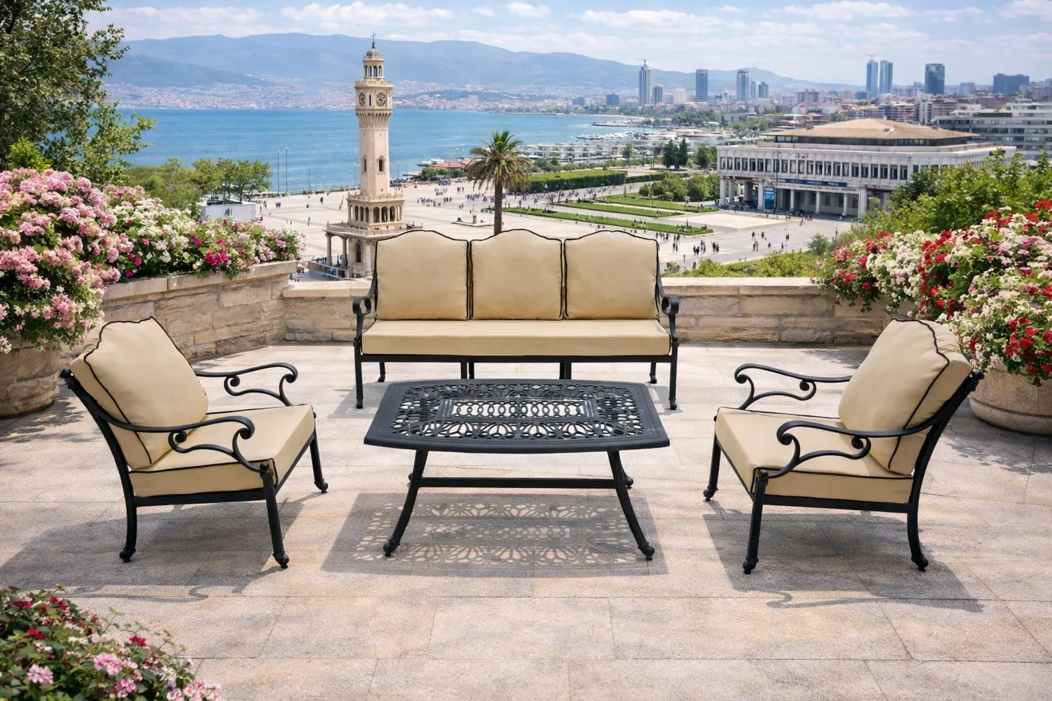 CNR Döküm Mini Oturma Takımı 3+1+1+Sehpa - Ferforje Bahçe Seti