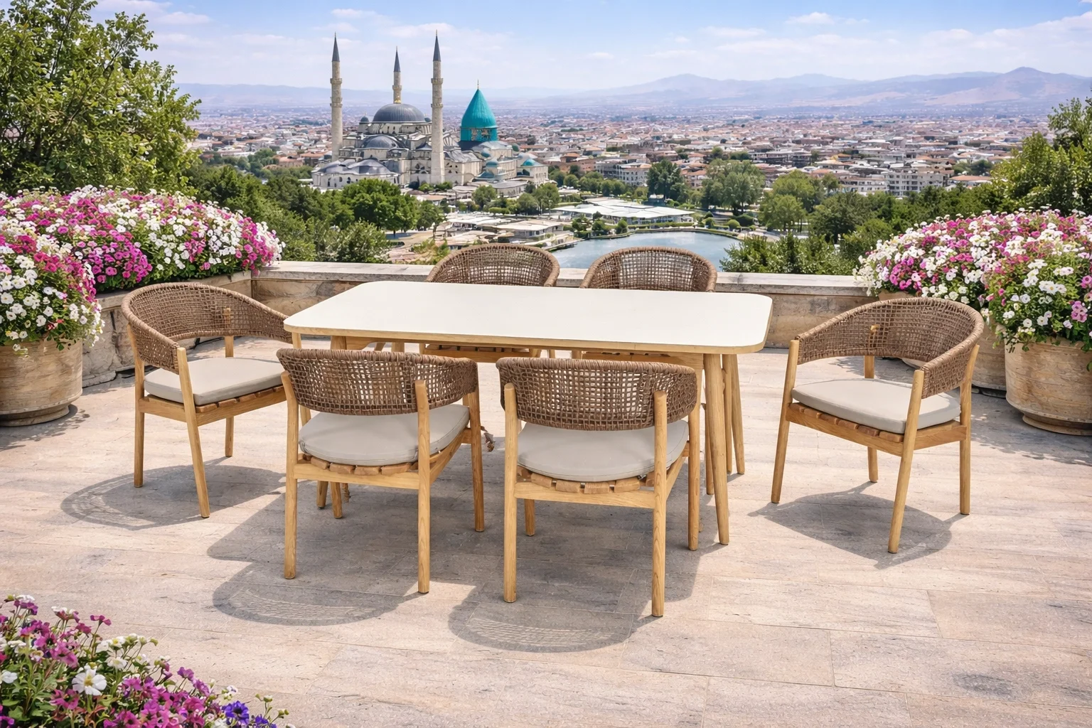 NODE Oturma Takımı - Masif Ahşap İskeletli 6 Kişilik Bahçe Seti