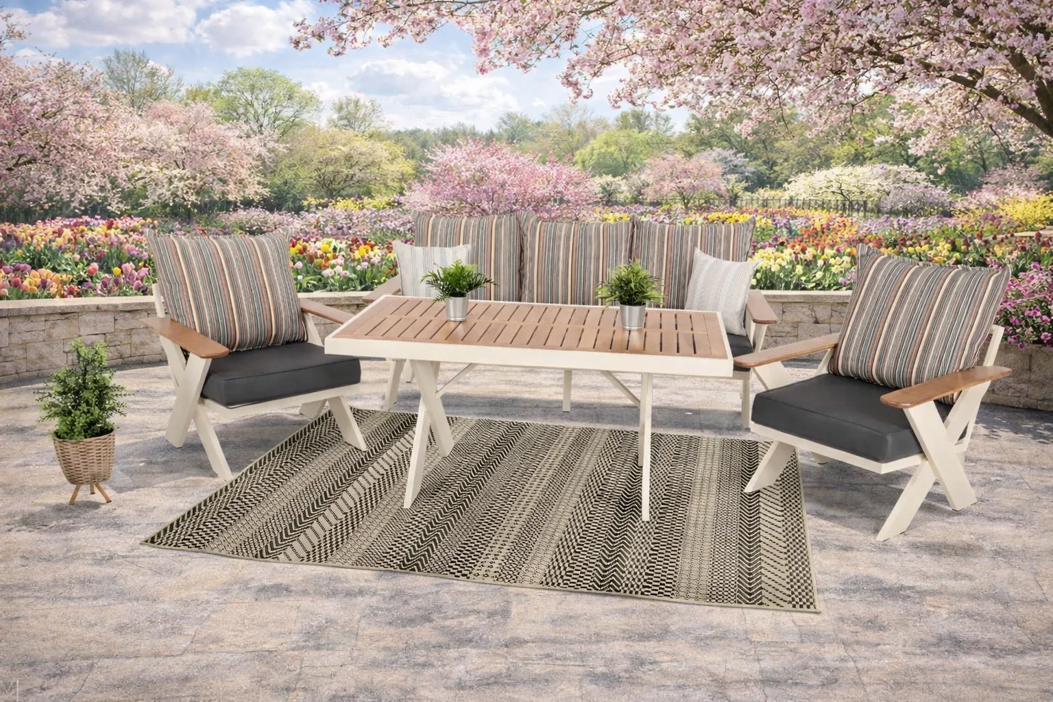 VENTO Alüminyum Bahçe Oturma Grubu (Krem - Çizgili) - 5 Kişilik Lüks Takım