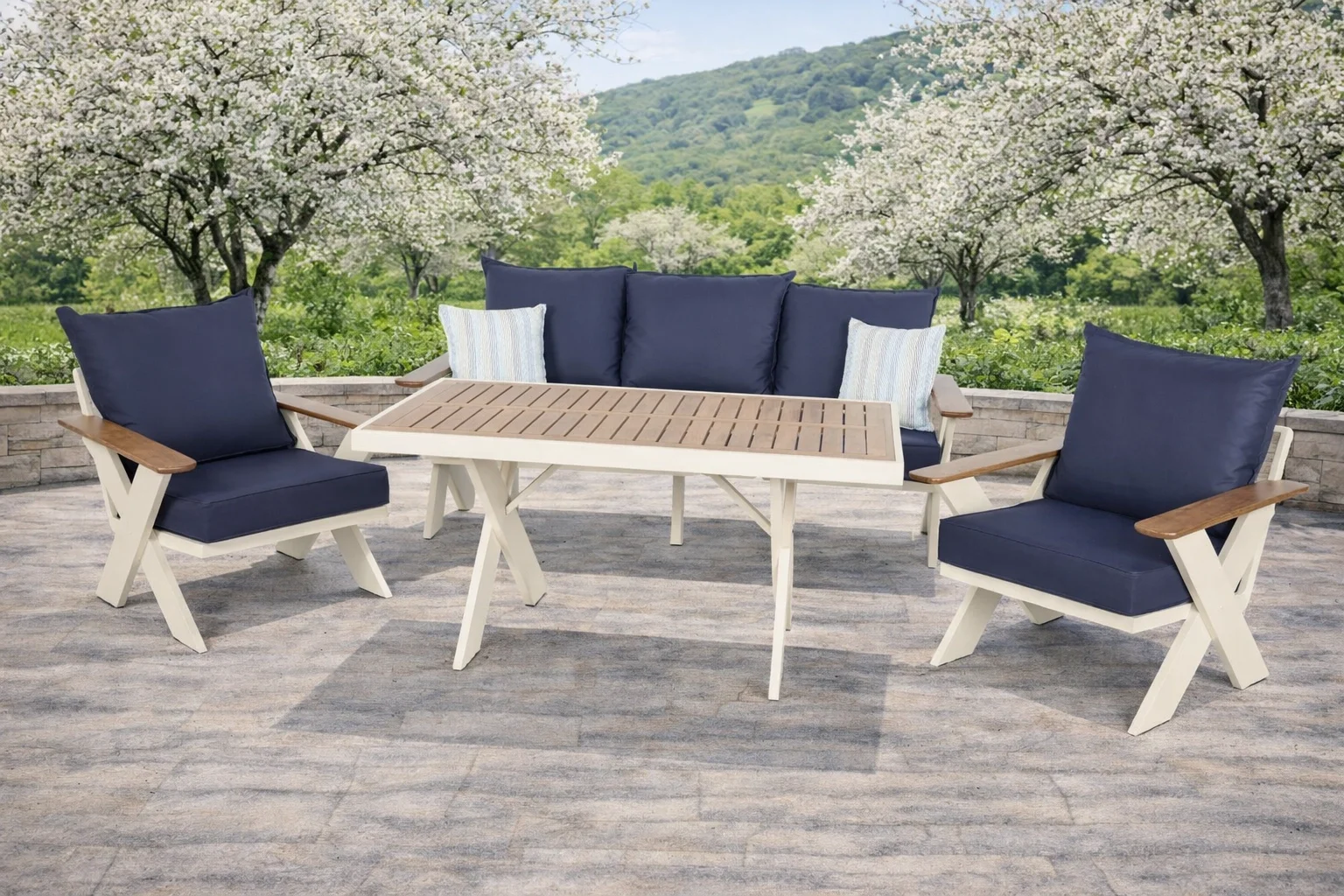 VENTO Alüminyum Bahçe Oturma Grubu (Krem - Lacivert) - 5 Kişilik Lüks Takım