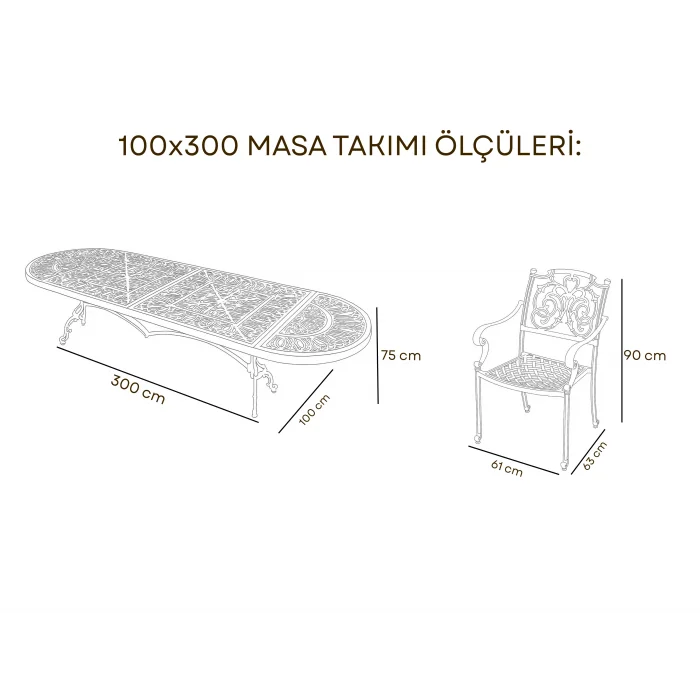 100×300 Döküm Bahçe Masa Takımı - 10 Kişilik Lüks Oturma Grubu
