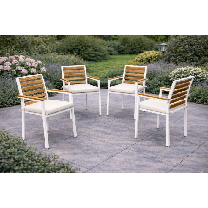 Country Still Sandalye Takımı - 6 Kişilik Beyaz Metal & Masif Ahşap Set