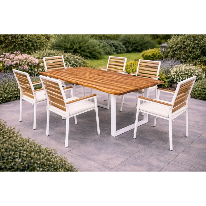 Country Still Sandalye Takımı - 6 Kişilik Beyaz Metal & Masif Ahşap Set