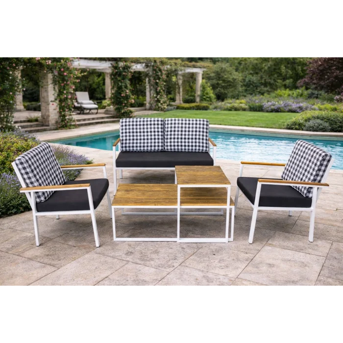 Stil Fonksiyonel Sehpalı Takım (Kareli) - Masif Ahşap Oturma Grubu