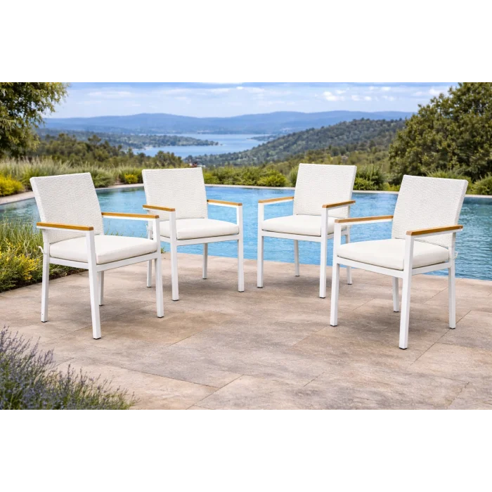 Country Unit Sandalye Takımı - 6 Kişilik Masif Ahşap & Beyaz Örgü Detaylı