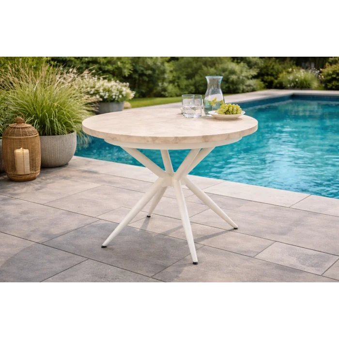 LUNA Krem Açılır Masa - Mermer Desenli Fonksiyonel Bahçe Masası