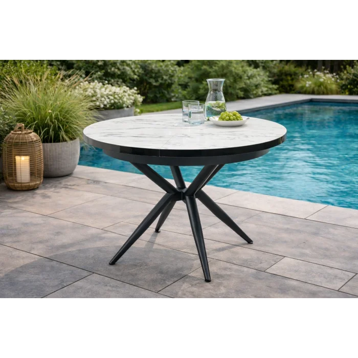 LUNA Siyah/ Beyaz Açılır Masa - Mermer Desenli Fonksiyonel Bahçe Masası