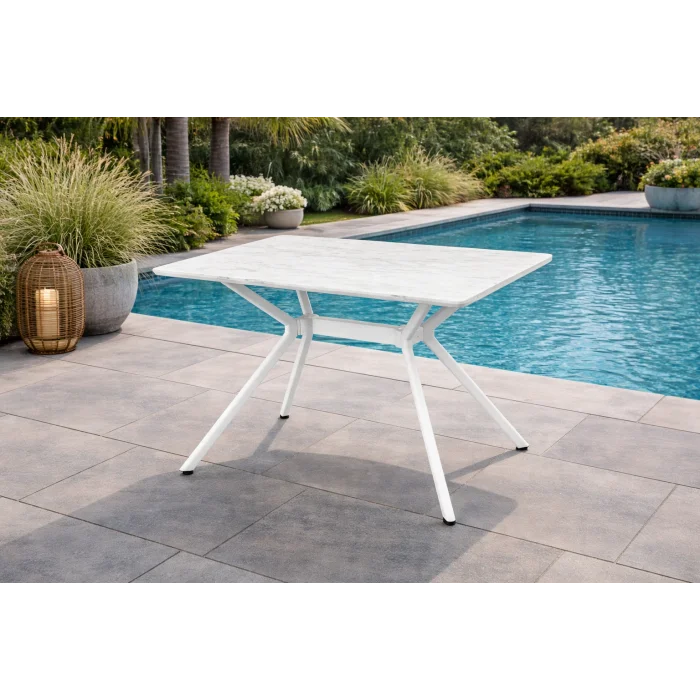 SIRIUS Beyaz Masa - 120 cm Mermer Desenli Modern Bahçe Masası