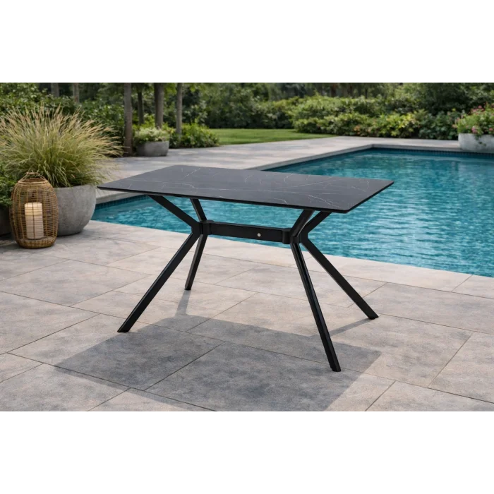 SIRIUS Siyah Masa - 120 cm Mermer Desenli Modern Bahçe Masası