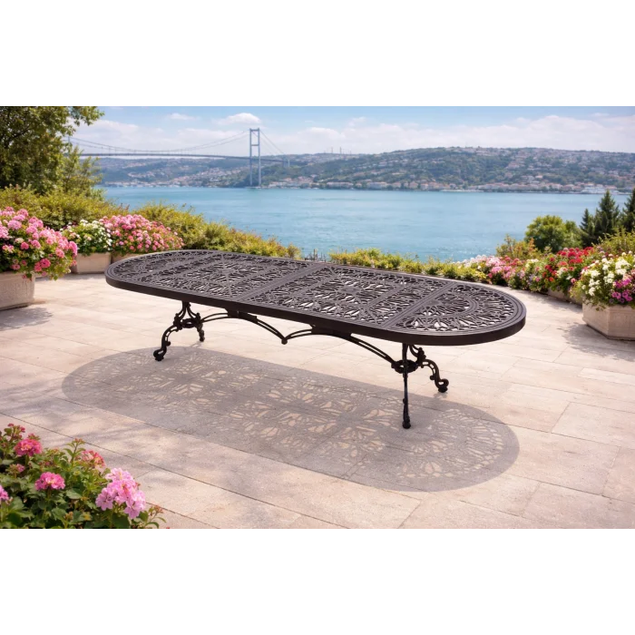 100×300 Döküm Bahçe Masa Takımı - 10 Kişilik Lüks Oturma Grubu