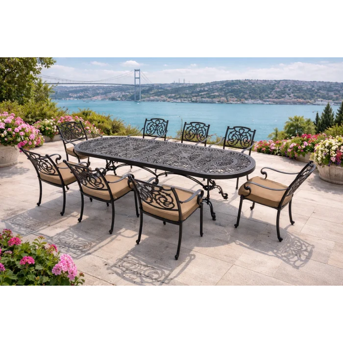 100×300 Döküm Bahçe Masa Takımı - 10 Kişilik Lüks Oturma Grubu