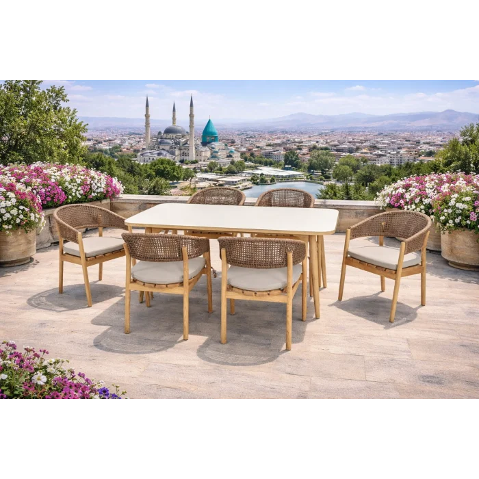 NODE Oturma Takımı - Masif Ahşap İskeletli 6 Kişilik Bahçe Seti