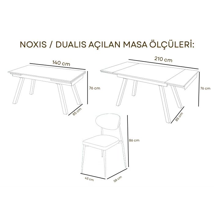 NOXIS / Dualis Açılır Masa Takımı (İnox) - 6 Sandalyeli Yemek Seti