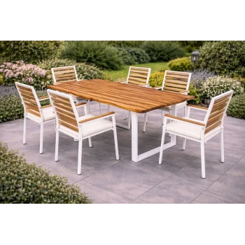 Country Still Sandalye Takımı - 6 Kişilik Beyaz Metal & Masif Ahşap Set