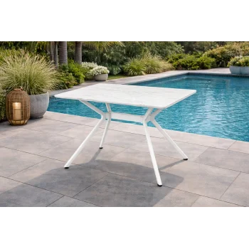 SIRIUS Beyaz Masa - 120 cm Mermer Desenli Modern Bahçe Masası