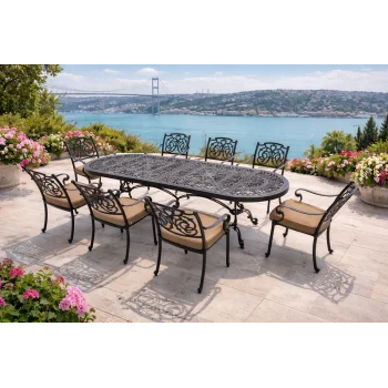 100×300 Döküm Bahçe Masa Takımı - 10 Kişilik Lüks Oturma Grubu