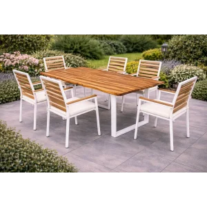 Country Still Sandalye Takımı - 6 Kişilik Beyaz Metal & Masif Ahşap Set