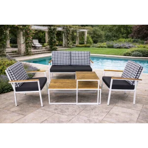 Stil Fonksiyonel Sehpalı Takım (Kareli) - Masif Ahşap Oturma Grubu