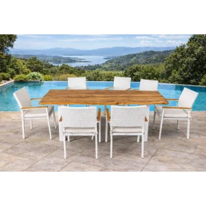 Country Unit Sandalye Takımı - 6 Kişilik Masif Ahşap & Beyaz Örgü Detaylı