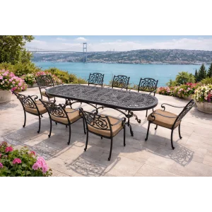 100×300 Döküm Bahçe Masa Takımı - 10 Kişilik Lüks Oturma Grubu