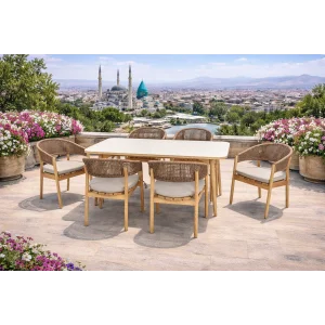 NODE Oturma Takımı - Masif Ahşap İskeletli 6 Kişilik Bahçe Seti