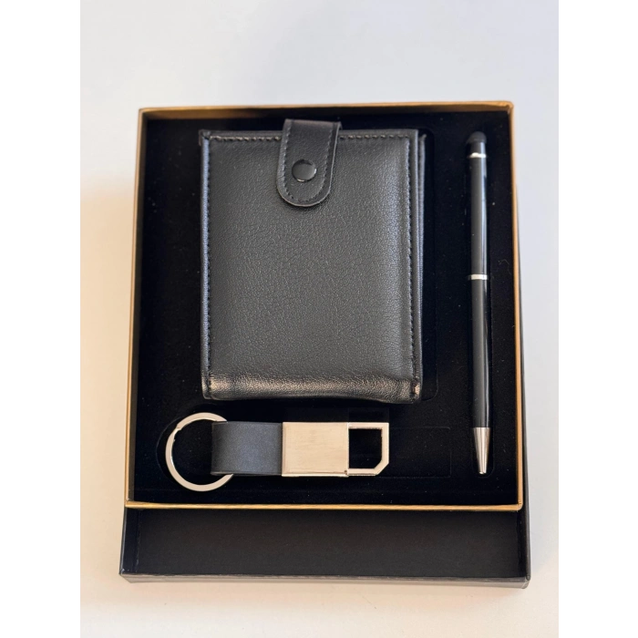 Ahşap Deri Kutulu Hediye Seti (kalem,cüzdan,anahtarlık)