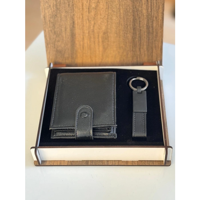 Ahşap Kutulu Deri Cüzdan ve Anahtarlık Seti