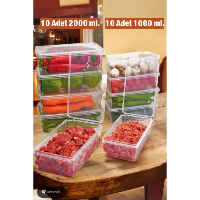 10 Adet 2 Lt. 10 Adet 1 Lt Kendinden Kapaklı Derin Dondurucuya Uygun Buzluk Saklama Kabı Düzenleyici