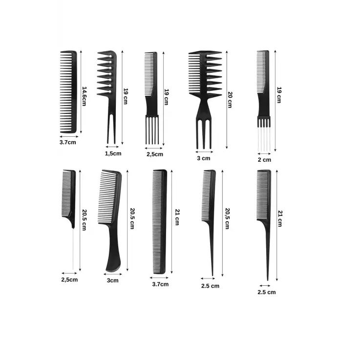 10 Parça Profesyonel Kuaför Tarak Seti - Saç Kesim, Ayırma, Şekillendirme Ve Fön Tarağı