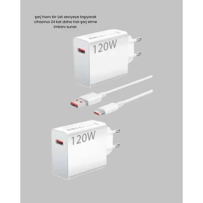120W Hızlı Şarj Başlığı Ultra Güçlü Type-C Adaptör Kablo Dahil
