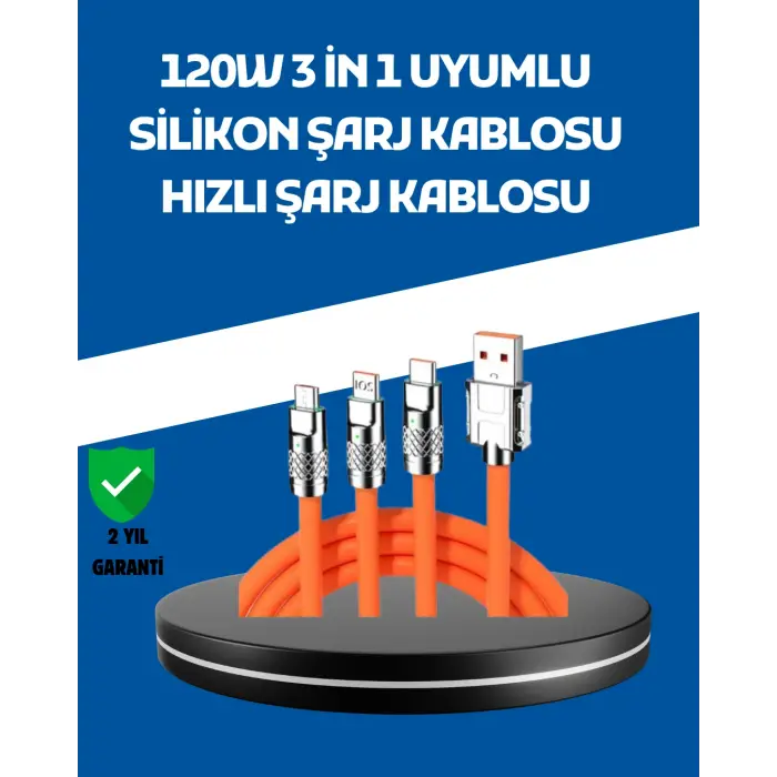 120W Şarj Destekli 3’ü 1 Arada Çoklu Şarj Kablosu – 1.2 Metre