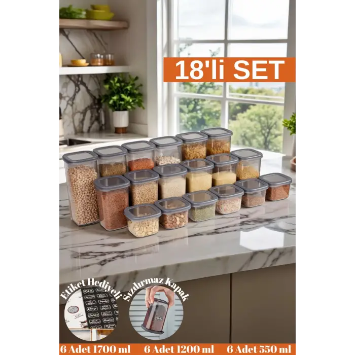 18 Adet 36 Parça 550 ml. 1200 ml. 1750 ml. Sızdırmaz Kapaklı Kare Erzak Bakliyat Saklama Kabı Seti