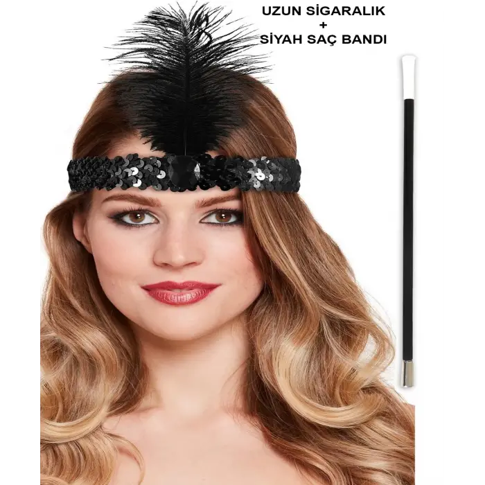 1920&#39;ler Gatsby Aksesuar Seti – Siyah Charleston Saç Bandı & Sigaralık