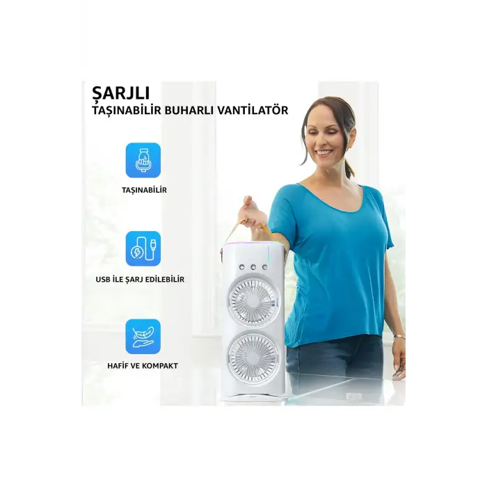 2 Fanlı Vantilatör Buharlı Fan -Şarjlı, Kompakt,Ayarlanabilir Kumandalı Buharlı Nemlendirici