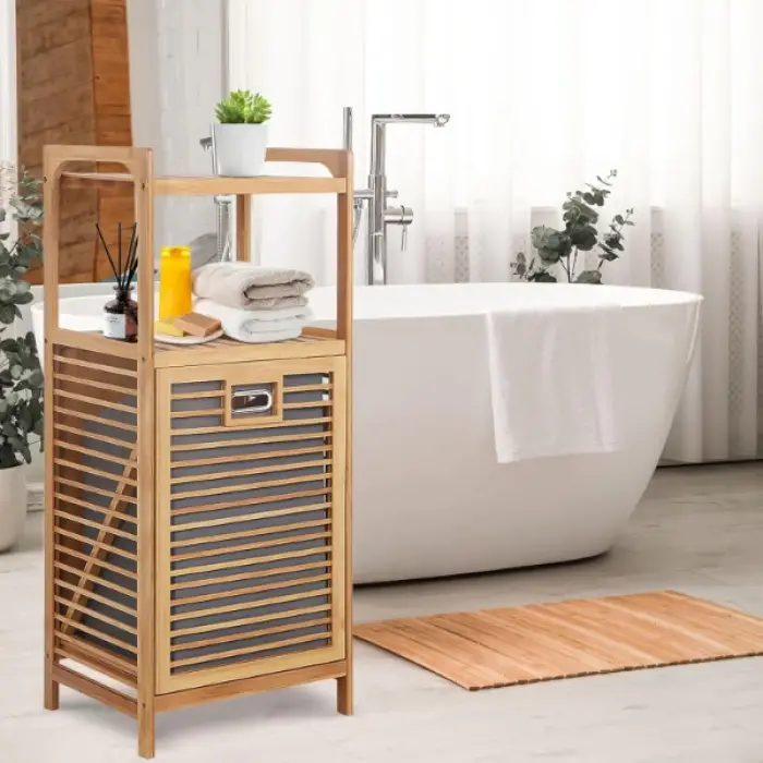 2 Organizer Raflı Ahşap Bambu Çek-Aç Kirli Sepeti