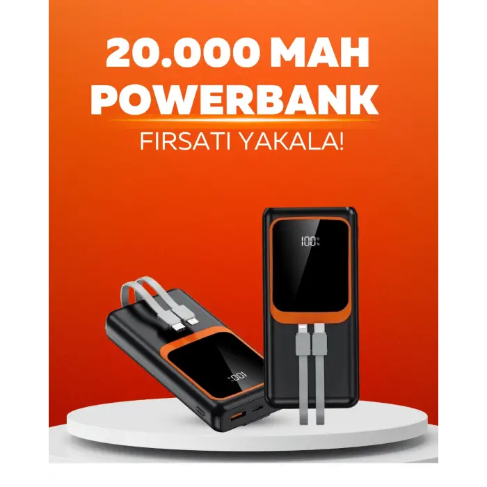 20.000 mAh Powerbank – 22.5W Hızlı Şarj, Çok Kablolu, Dijital Göstergeli