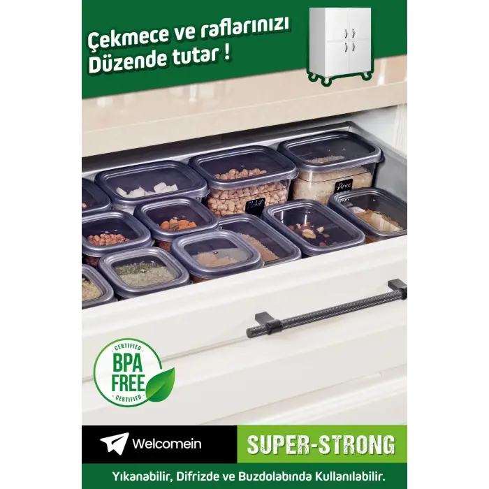 24 Adet 48 Parça 550 ml. 1200 ml. 1750 ml. Sızdırmaz Kapaklı Kare Erzak Bakliyat Saklama Kabı Seti