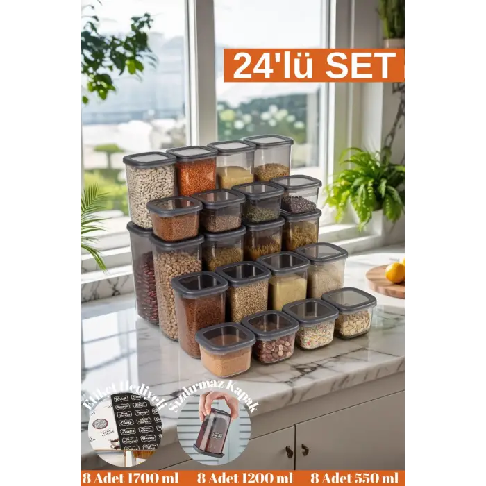 24 Adet 48 Parça 550 ml. 1200 ml. 1750 ml. Sızdırmaz Kapaklı Kare Erzak Bakliyat Saklama Kabı Seti