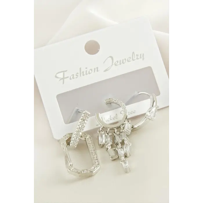 3 Adet Baget Taşlı Küpe