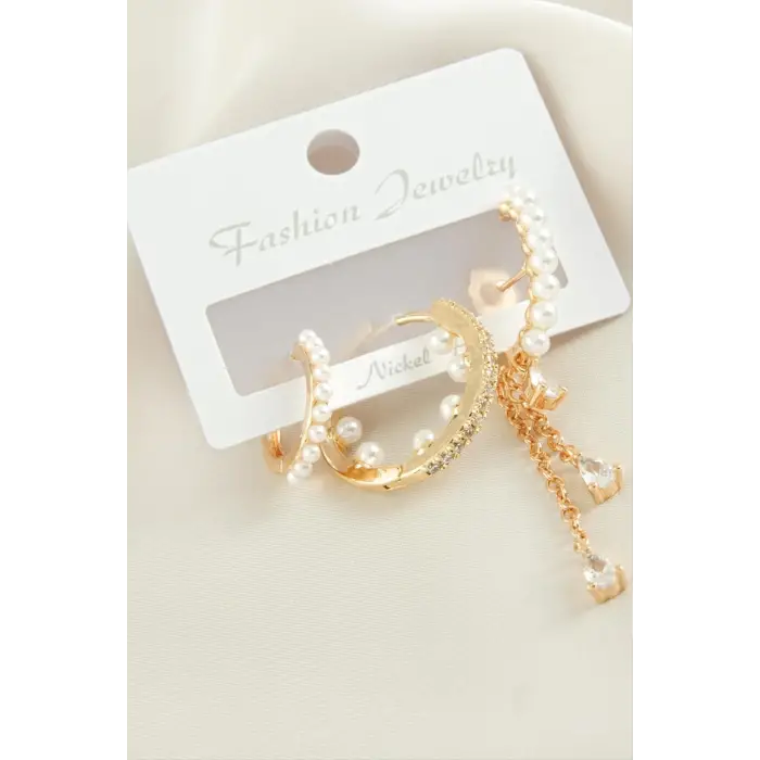 3 Adet İnci Zirkon Taşlı Küpe