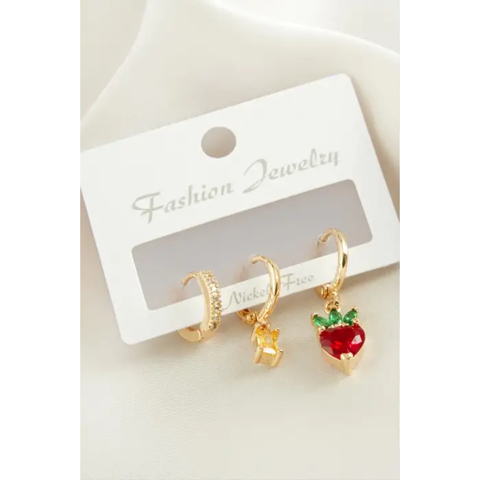 3 Adet Kalp Zirkon Taşlı Küpe