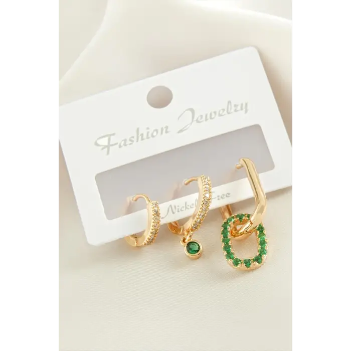 3 Adet Oval Zirkon Taşlı Küpe