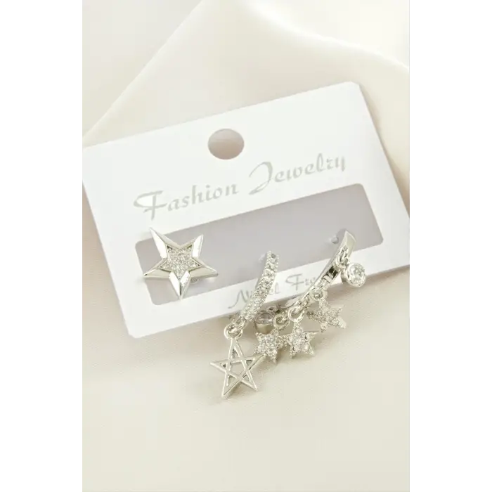 3 Adet Yıldız Zirkon Taşlı Küpe