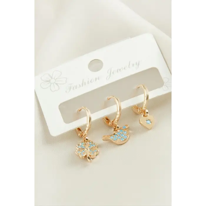 3 Adet Yonca Zirkon Taşlı Küpe