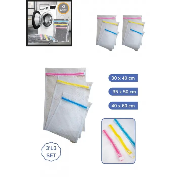 3&amp;#39;lü Çamaşır Yıkama Filesi Set Renkli Fermuarlı Pratik Çamaşır Yıkama Filesi Seti 3 Boy (336336)